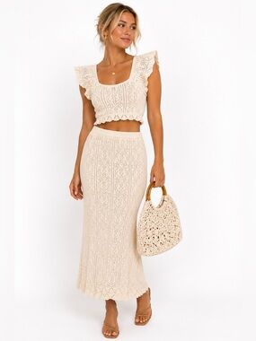 Freshman 1996 Cream Crochet Knit 2-Piece Midi Skirt Set Small Boho Cottagecore